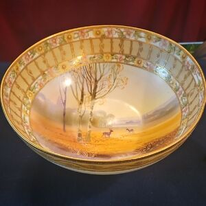 1910 Antique Original Hand Painted Japanese Porcelain Center Bowl & Saucers